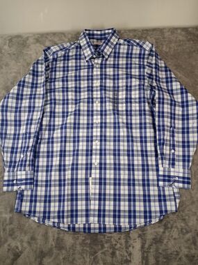 Izod Men's Blue and White Plaid Button-Down Shirt Size L NWT